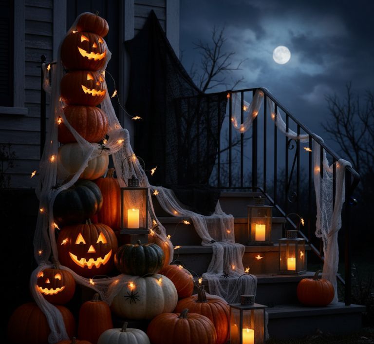 Spooky Halloween porch decoration with lanterns and pumpkins