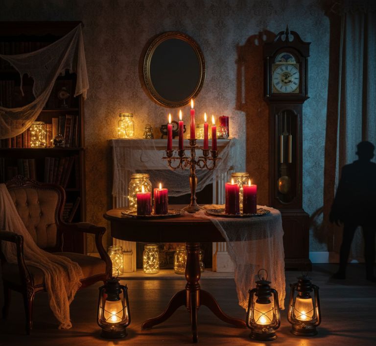 Halloween lighting setup with candles and lanterns