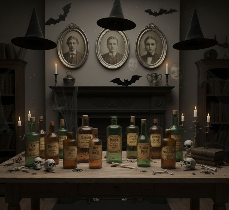 Halloween home décor details with vintage frames and bats