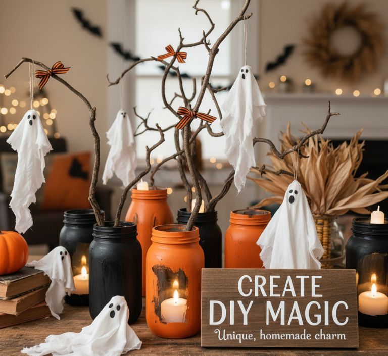 DIY Halloween craft decorations made from recycled jars and fabric